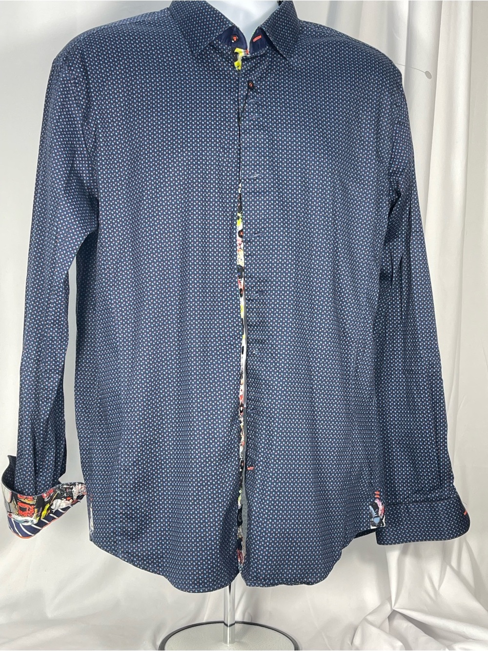Au Noir Deep Blue w/micro pattern & graffiti cuff long sleeve Men’s dress shirt